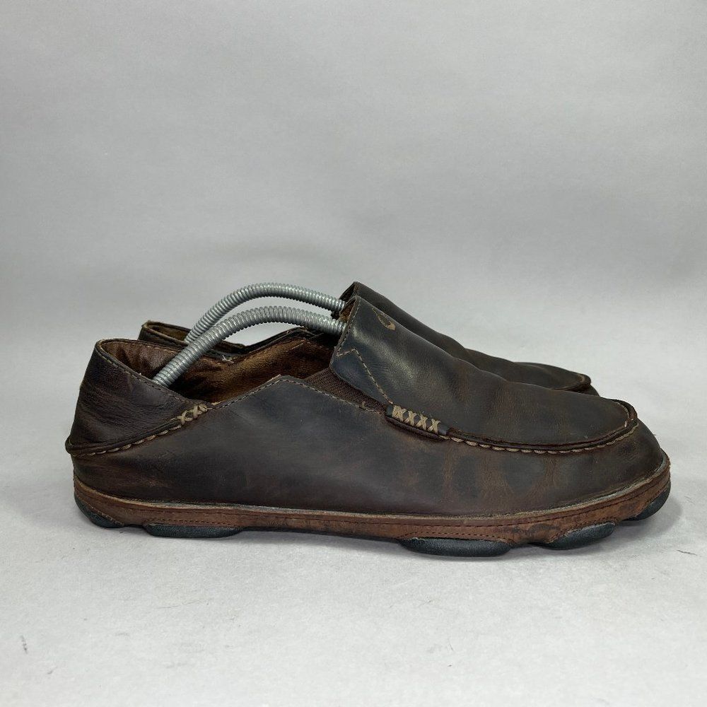 Olukai Moloa Shoes Men's‎ Size 10.5 Brown Leather Comfort Casual Slip On Loafers
